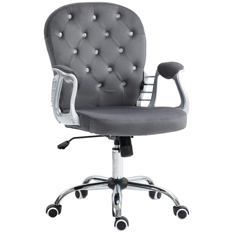 Chaise de bureau pivotante mi-dossier en velours touffeté gris/noir/beige/blanc/rose avec dossier en cristal et accoudoirs réglables, simple