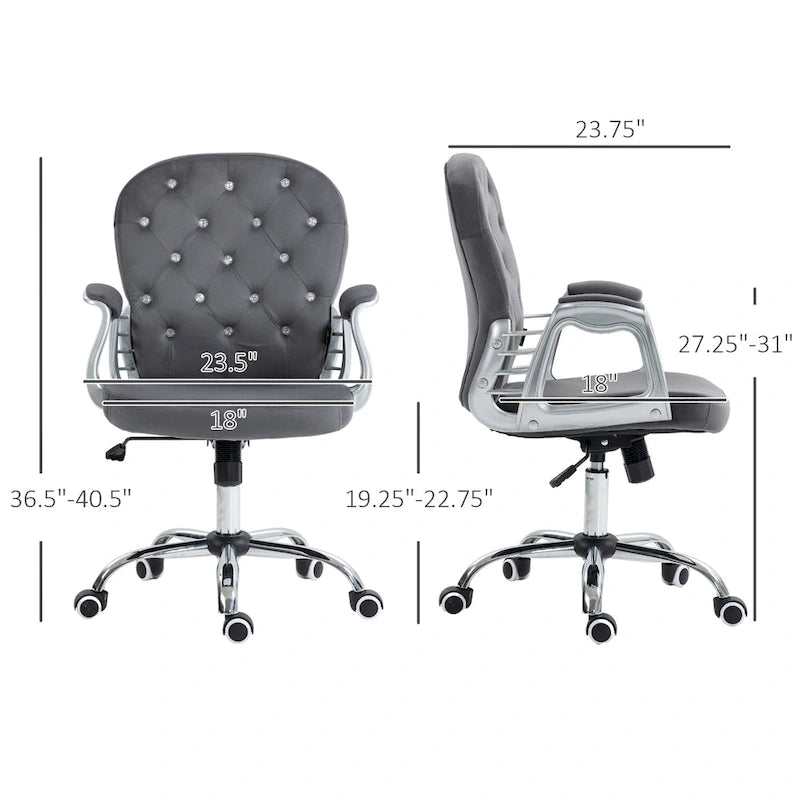 Chaise de bureau pivotante mi-dossier en velours touffeté gris/noir/beige/blanc/rose avec dossier en cristal et accoudoirs réglables, simple
