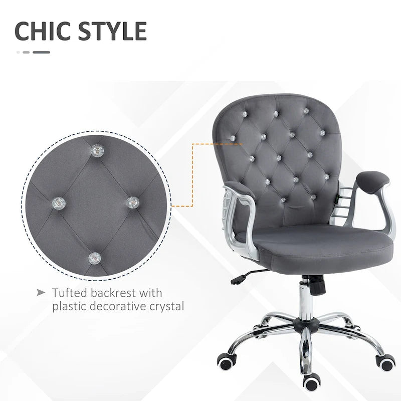 Chaise de bureau pivotante mi-dossier en velours touffeté gris/noir/beige/blanc/rose avec dossier en cristal et accoudoirs réglables, simple