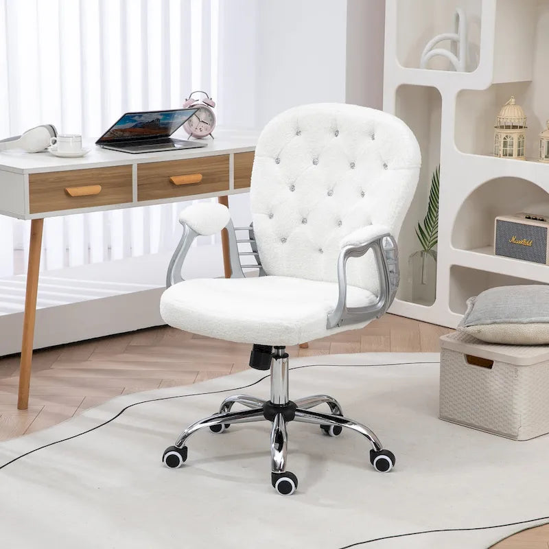Chaise de bureau pivotante mi-dossier en velours touffeté gris/noir/beige/blanc/rose avec dossier en cristal et accoudoirs réglables, simple