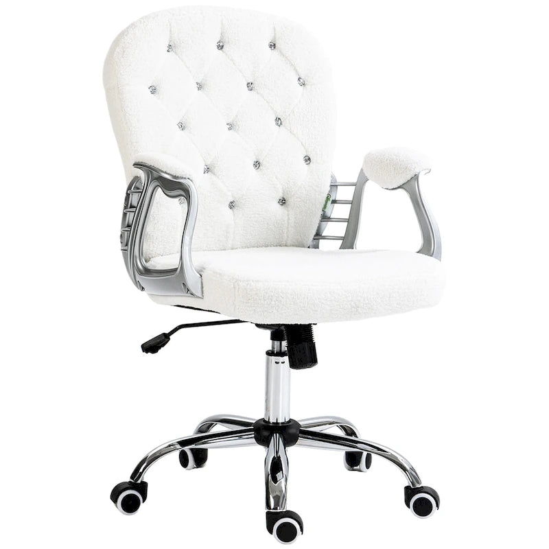 Chaise de bureau pivotante mi-dossier en velours touffeté gris/noir/beige/blanc/rose avec dossier en cristal et accoudoirs réglables, simple