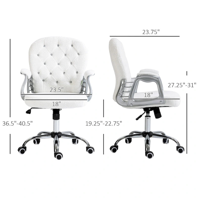 Chaise de bureau pivotante mi-dossier en velours touffeté gris/noir/beige/blanc/rose avec dossier en cristal et accoudoirs réglables, simple