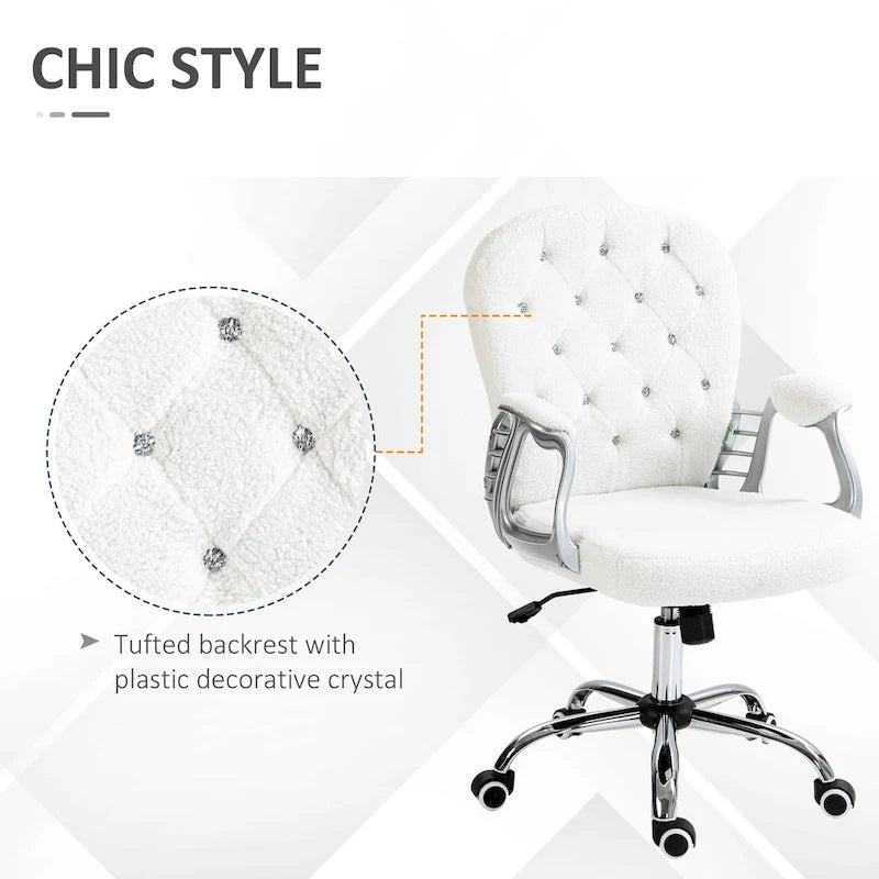 Chaise de bureau pivotante mi-dossier en velours touffeté gris/noir/beige/blanc/rose avec dossier en cristal et accoudoirs réglables, simple