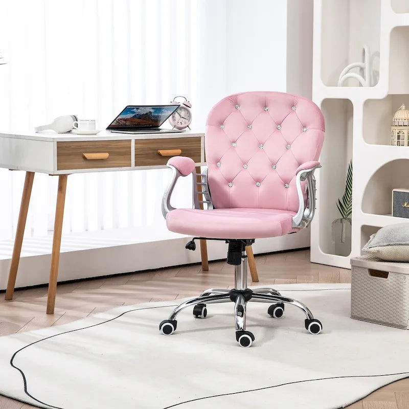 Chaise de bureau pivotante mi-dossier en velours touffeté gris/noir/beige/blanc/rose avec dossier en cristal et accoudoirs réglables, simple