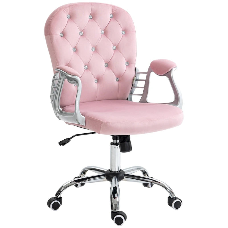 Chaise de bureau pivotante mi-dossier en velours touffeté gris/noir/beige/blanc/rose avec dossier en cristal et accoudoirs réglables, simple