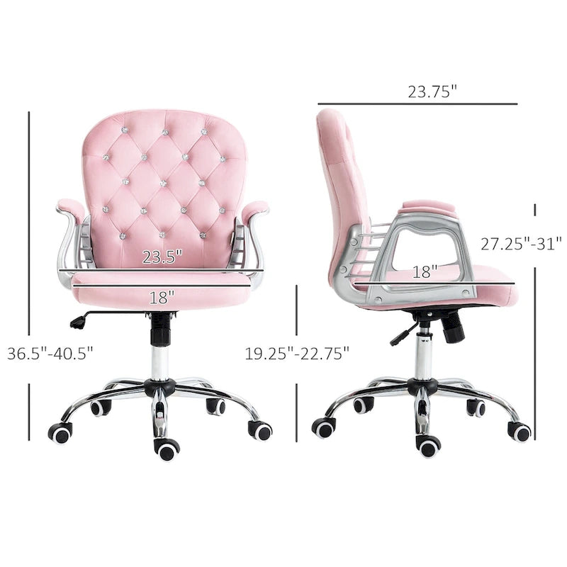 Chaise de bureau pivotante mi-dossier en velours touffeté gris/noir/beige/blanc/rose avec dossier en cristal et accoudoirs réglables, simple