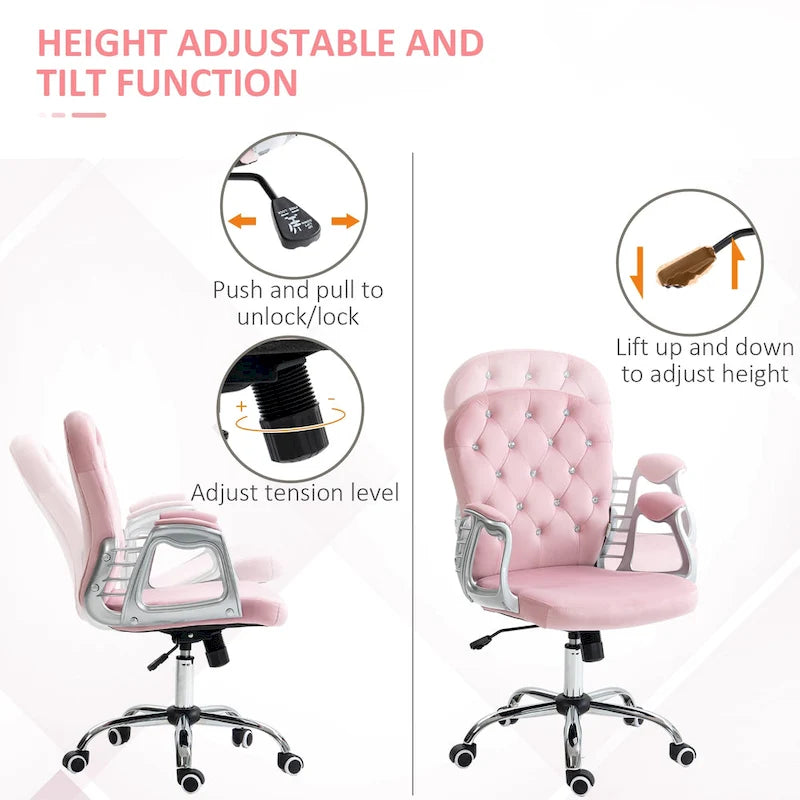 Chaise de bureau pivotante mi-dossier en velours touffeté gris/noir/beige/blanc/rose avec dossier en cristal et accoudoirs réglables, simple