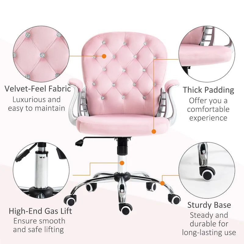 Chaise de bureau pivotante mi-dossier en velours touffeté gris/noir/beige/blanc/rose avec dossier en cristal et accoudoirs réglables, simple
