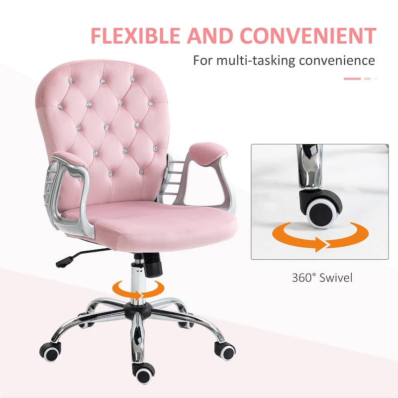 Chaise de bureau pivotante mi-dossier en velours touffeté gris/noir/beige/blanc/rose avec dossier en cristal et accoudoirs réglables, simple