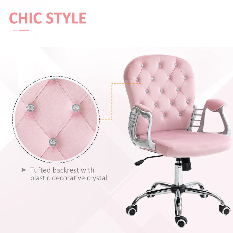 Chaise de bureau pivotante mi-dossier en velours touffeté gris/noir/beige/blanc/rose avec dossier en cristal et accoudoirs réglables, simple