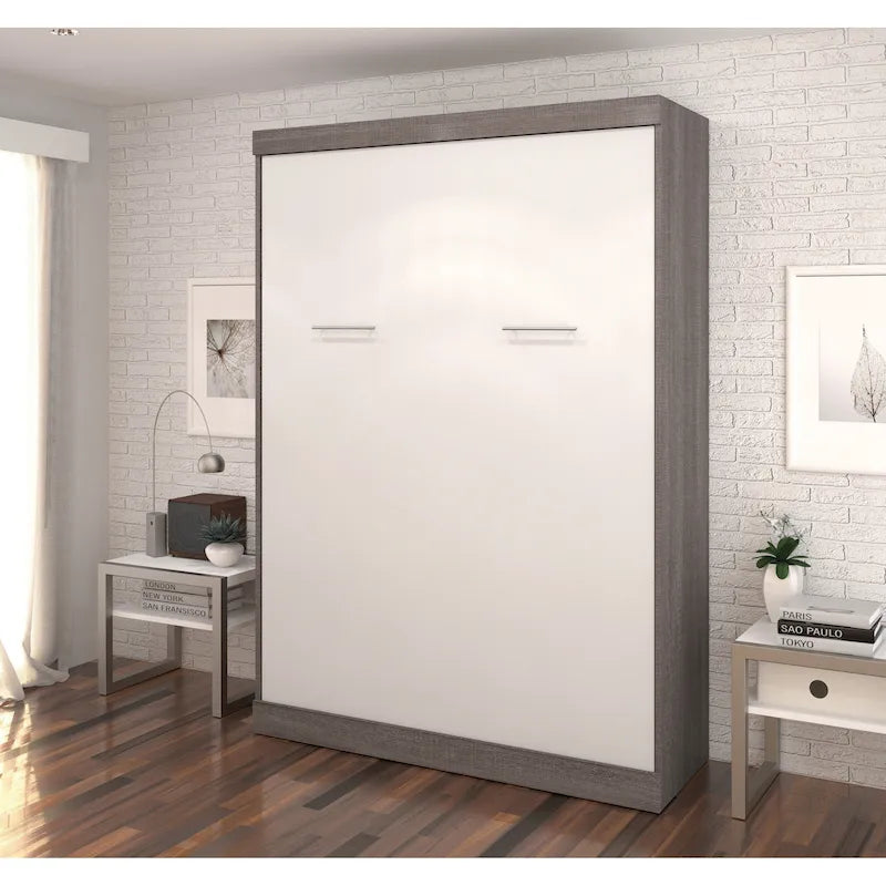 Lit escamotable Murphy complet avec rangement, blanc / antigua / gris écorce, contemporain, pour 1-2 personnes