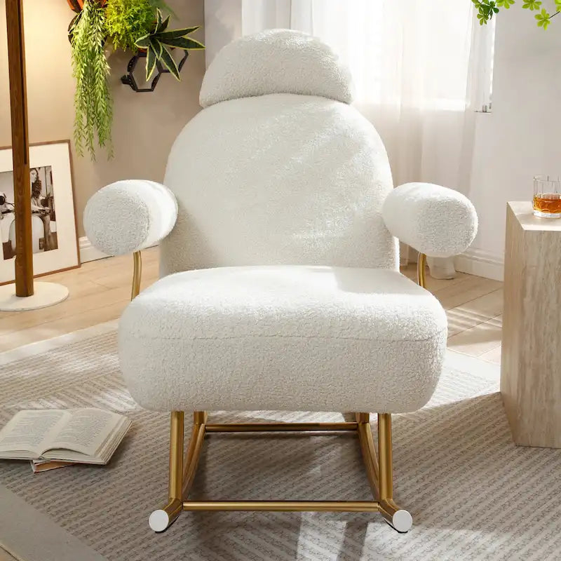 Fauteuil à bascule et planeur avec base en métal doré et appui-tête réglable en tissu Sherpa artificiel beige/rose/gris, modèle unique