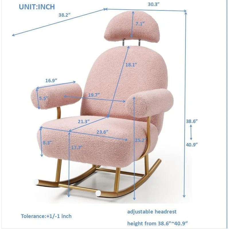 Fauteuil à bascule et planeur avec base en métal doré et appui-tête réglable en tissu Sherpa artificiel beige/rose/gris, modèle unique