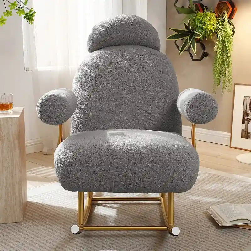 Fauteuil à bascule et planeur avec base en métal doré et appui-tête réglable en tissu Sherpa artificiel beige/rose/gris, modèle unique