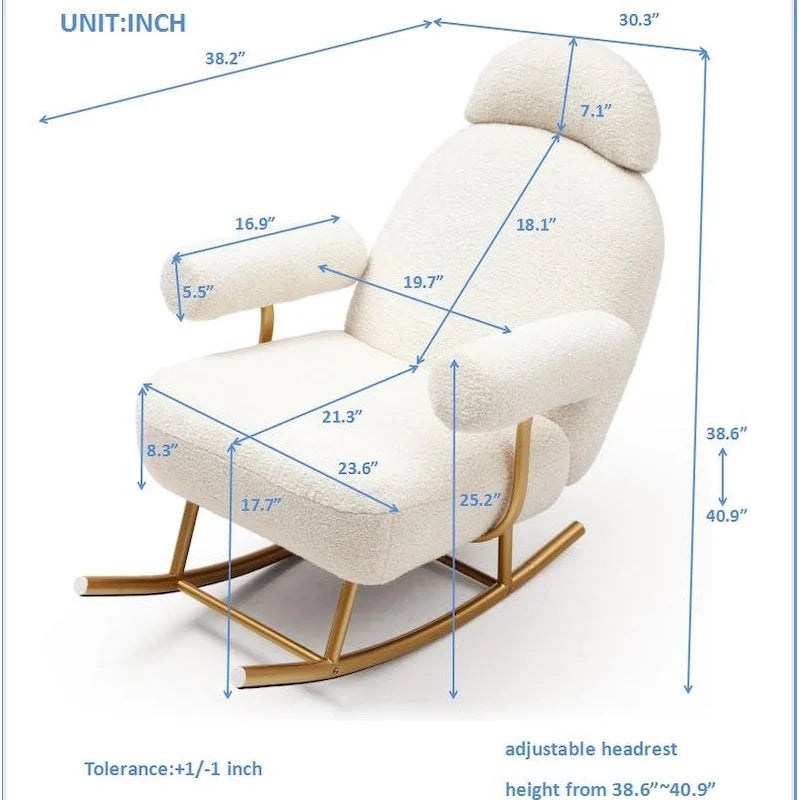 Fauteuil à bascule et planeur avec base en métal doré et appui-tête réglable en tissu Sherpa artificiel beige/rose/gris, modèle unique