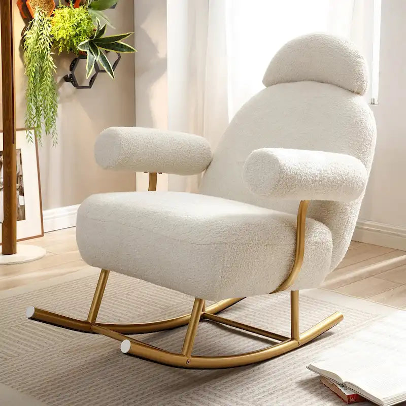 Fauteuil à bascule et planeur avec base en métal doré et appui-tête réglable en tissu Sherpa artificiel beige/rose/gris, modèle unique