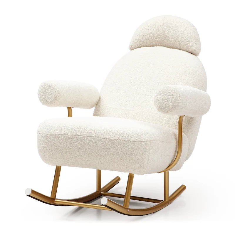 Fauteuil à bascule et planeur avec base en métal doré et appui-tête réglable en tissu Sherpa artificiel beige/rose/gris, modèle unique