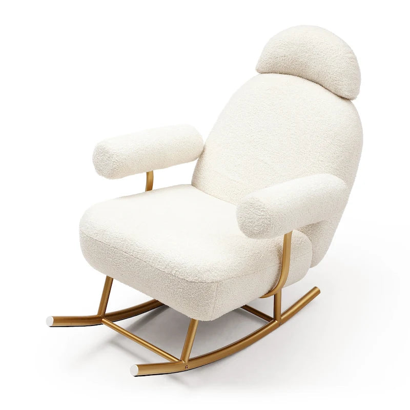 Fauteuil à bascule et planeur avec base en métal doré et appui-tête réglable en tissu Sherpa artificiel beige/rose/gris, modèle unique