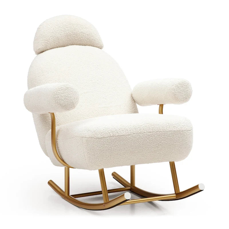 Fauteuil à bascule et planeur avec base en métal doré et appui-tête réglable en tissu Sherpa artificiel beige/rose/gris, modèle unique