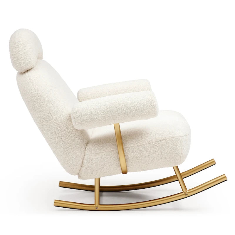 Fauteuil à bascule et planeur avec base en métal doré et appui-tête réglable en tissu Sherpa artificiel beige/rose/gris, modèle unique
