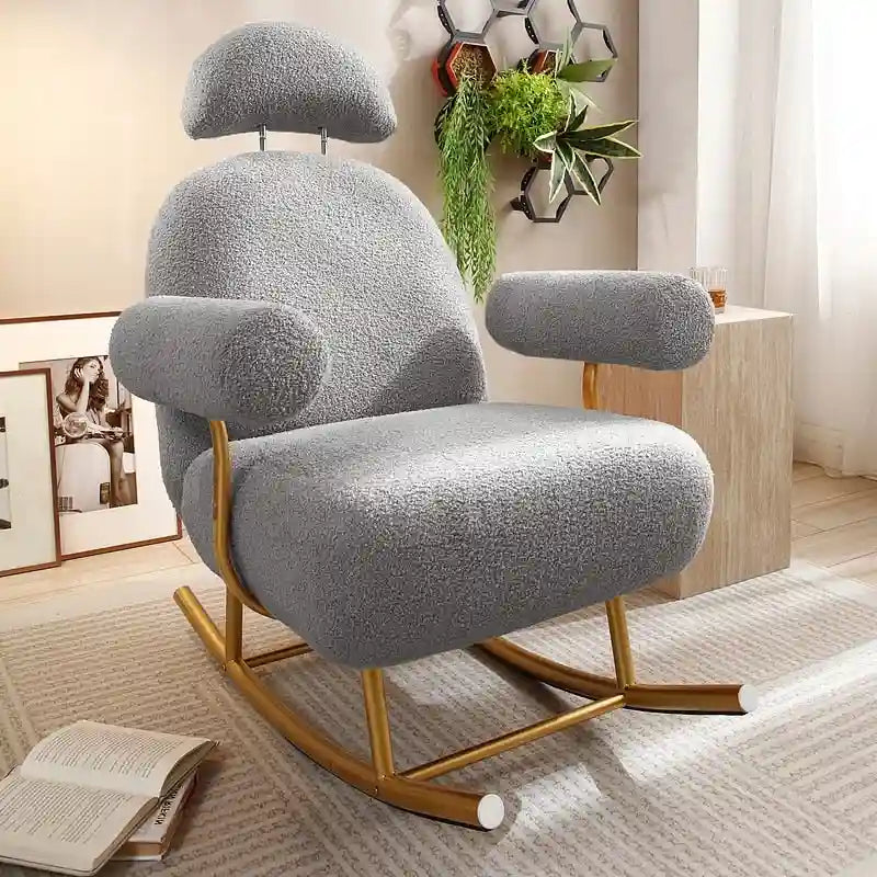 Fauteuil à bascule et planeur avec base en métal doré et appui-tête réglable en tissu Sherpa artificiel beige/rose/gris, modèle unique
