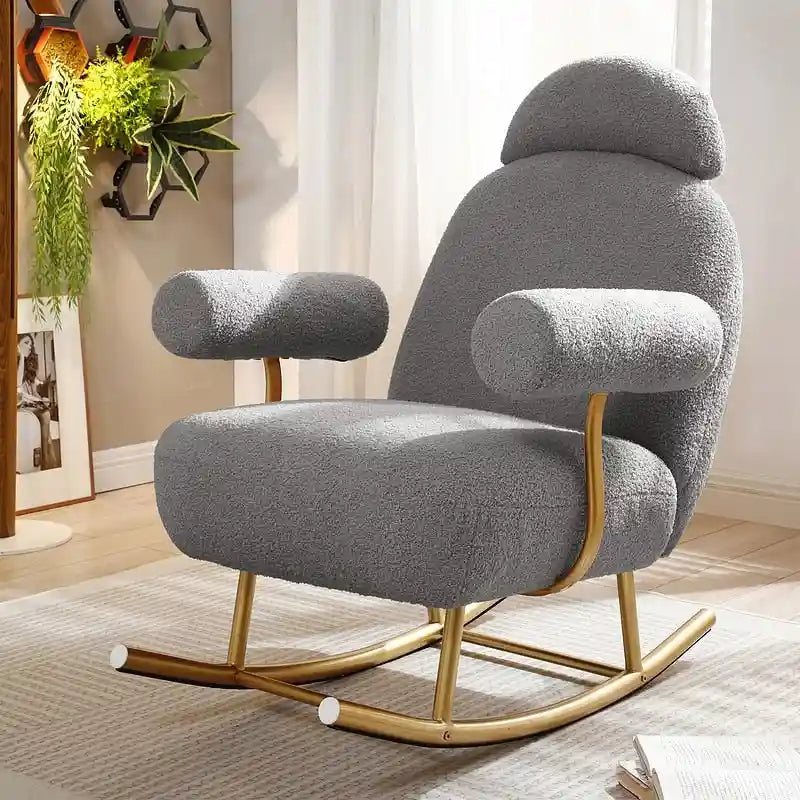 Fauteuil à bascule et planeur avec base en métal doré et appui-tête réglable en tissu Sherpa artificiel beige/rose/gris, modèle unique