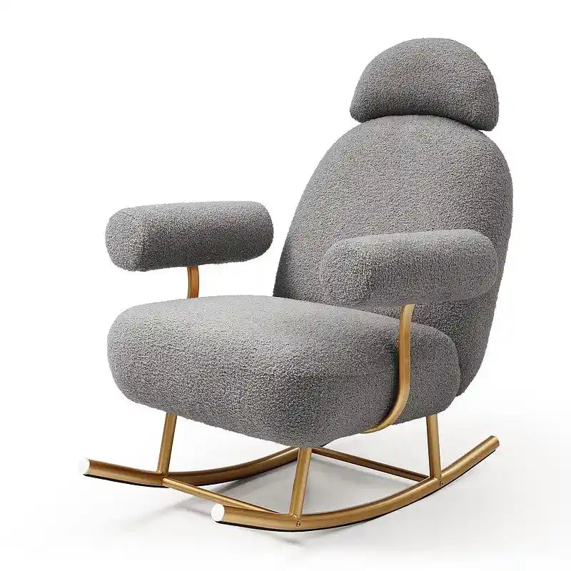 Fauteuil à bascule et planeur avec base en métal doré et appui-tête réglable en tissu Sherpa artificiel beige/rose/gris, modèle unique