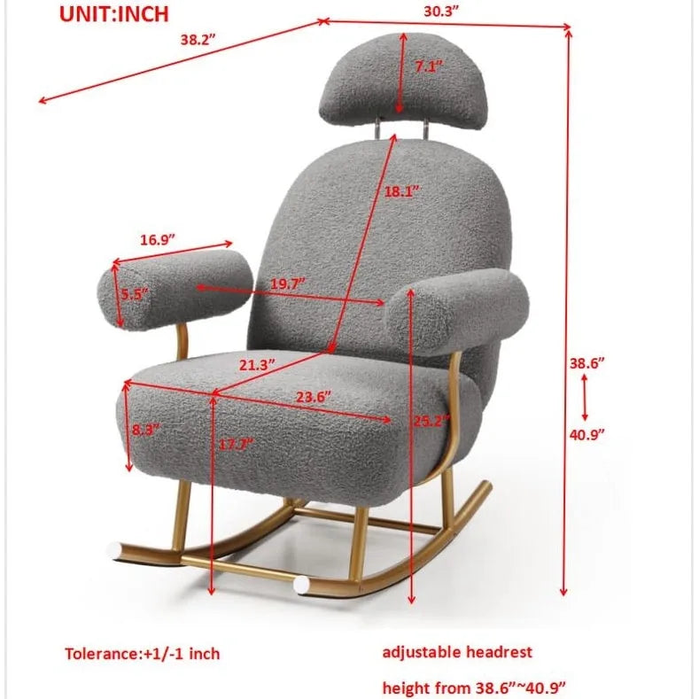 Fauteuil à bascule et planeur avec base en métal doré et appui-tête réglable en tissu Sherpa artificiel beige/rose/gris, modèle unique