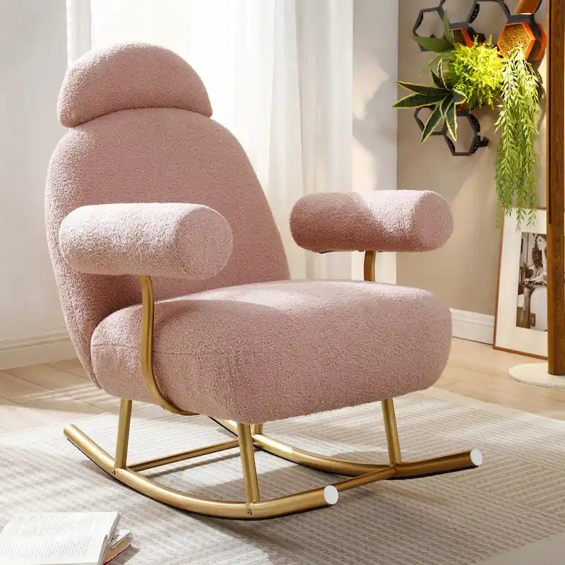 Fauteuil à bascule et planeur avec base en métal doré et appui-tête réglable en tissu Sherpa artificiel beige/rose/gris, modèle unique