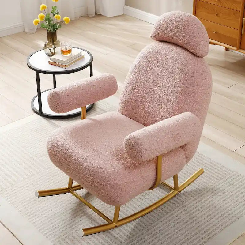 Fauteuil à bascule et planeur avec base en métal doré et appui-tête réglable en tissu Sherpa artificiel beige/rose/gris, modèle unique