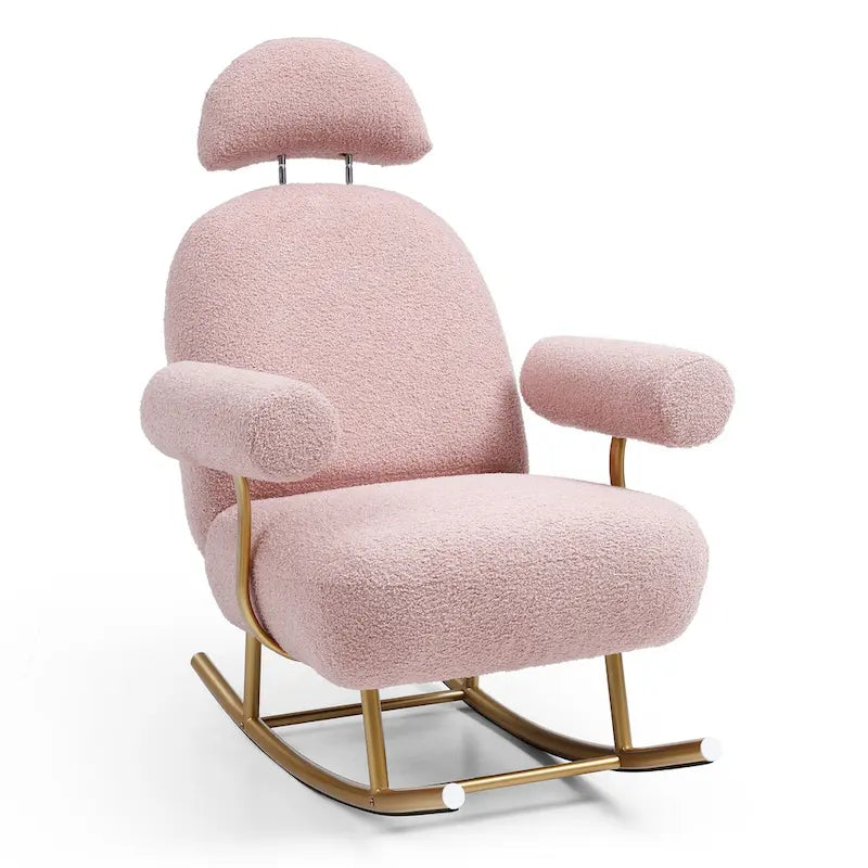 Fauteuil à bascule et planeur avec base en métal doré et appui-tête réglable en tissu Sherpa artificiel beige/rose/gris, modèle unique