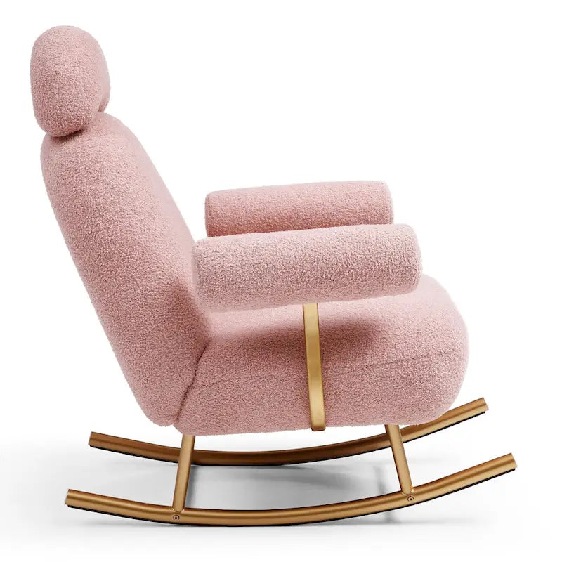 Fauteuil à bascule et planeur avec base en métal doré et appui-tête réglable en tissu Sherpa artificiel beige/rose/gris, modèle unique
