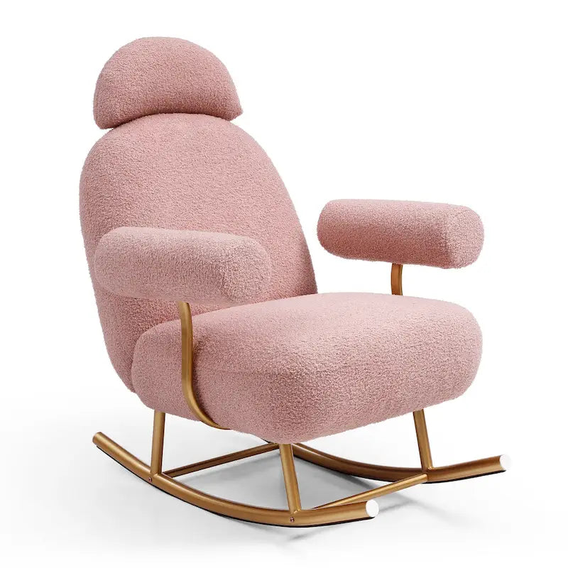 Fauteuil à bascule et planeur avec base en métal doré et appui-tête réglable en tissu Sherpa artificiel beige/rose/gris, modèle unique