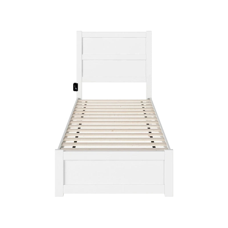 Lit plate-forme Twin XL moderne du milieu du siècle avec pied de lit et station de charge, blanc, simple