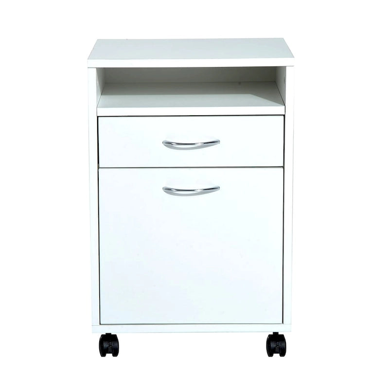 Meuble Imprimante Roulant Blanc avec Étagère Ouverte, Tiroir et Placard, 4 Roulettes