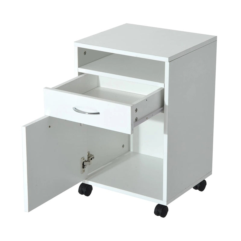 Meuble Imprimante Roulant Blanc avec Étagère Ouverte, Tiroir et Placard, 4 Roulettes