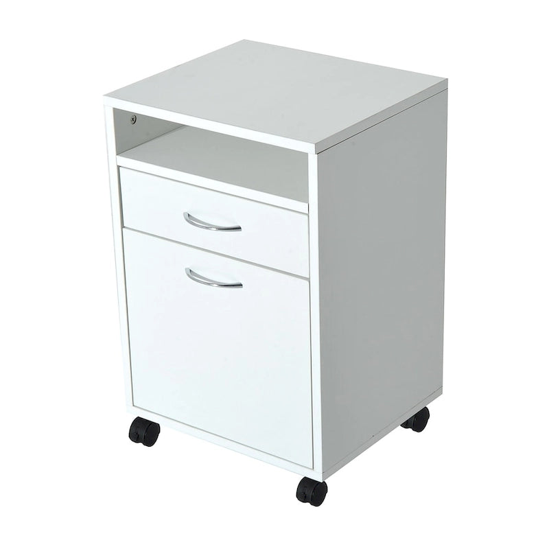 Meuble Imprimante Roulant Blanc avec Étagère Ouverte, Tiroir et Placard, 4 Roulettes