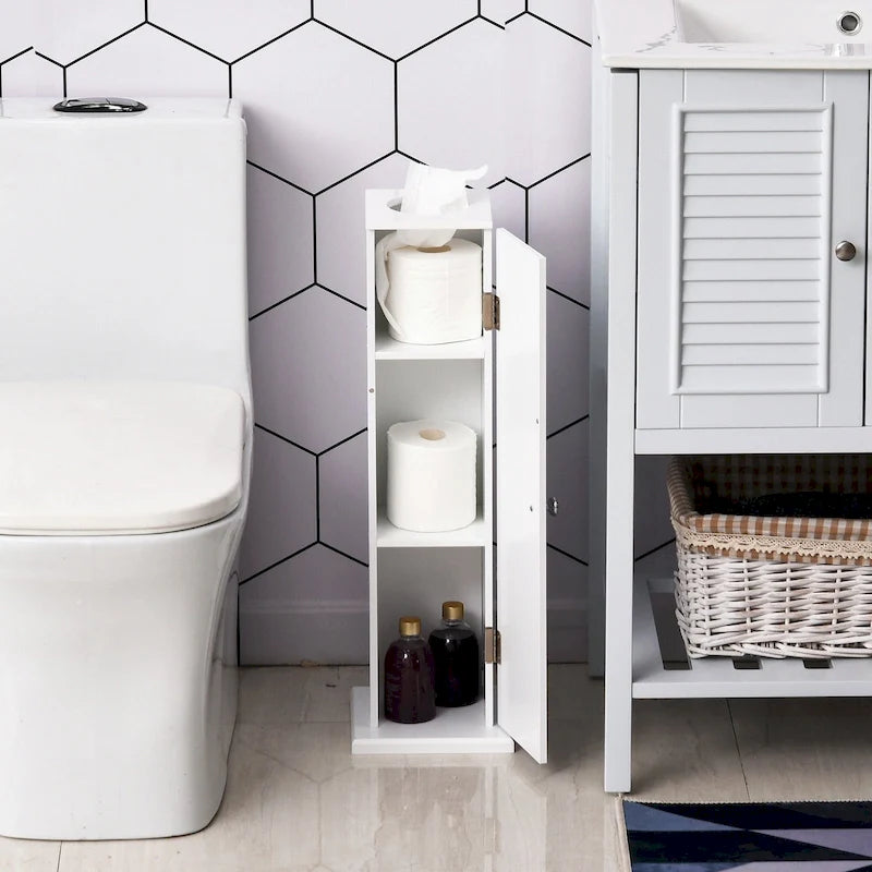 Meuble de rangement vertical de salle de bain blanc mat avec 3 étagères et ouverture supérieure pour mouchoirs
