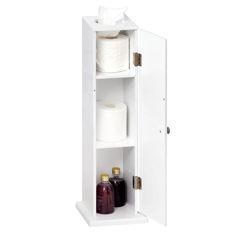 Meuble de rangement vertical de salle de bain blanc mat avec 3 étagères et ouverture supérieure pour mouchoirs