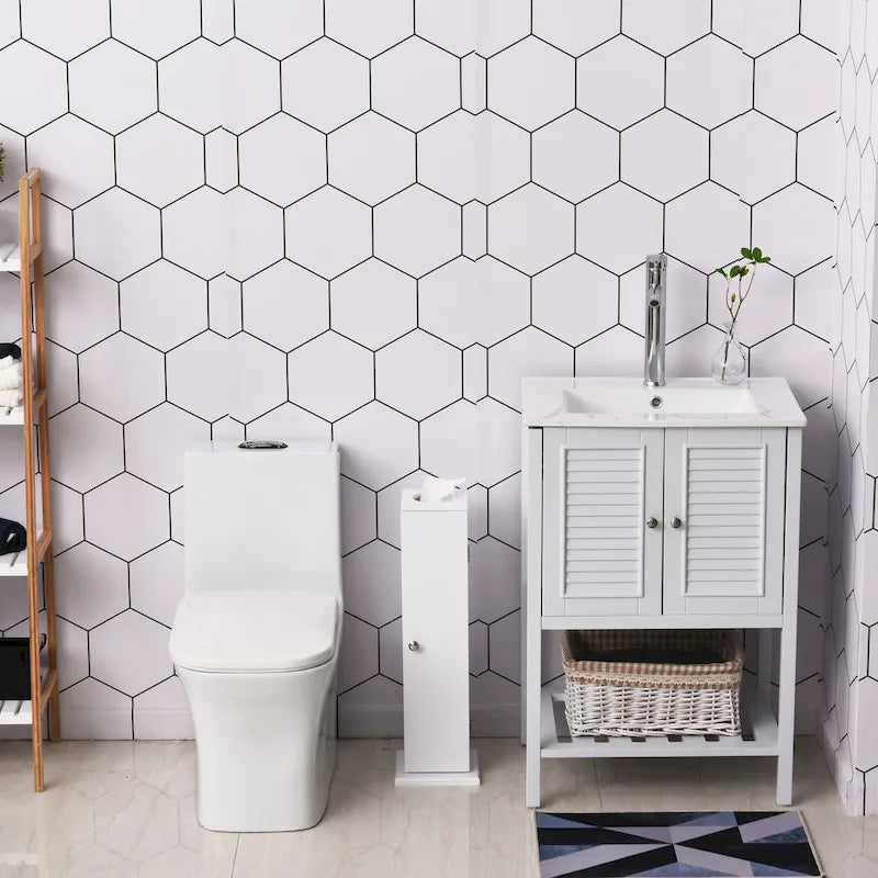 Meuble de rangement vertical de salle de bain blanc mat avec 3 étagères et ouverture supérieure pour mouchoirs