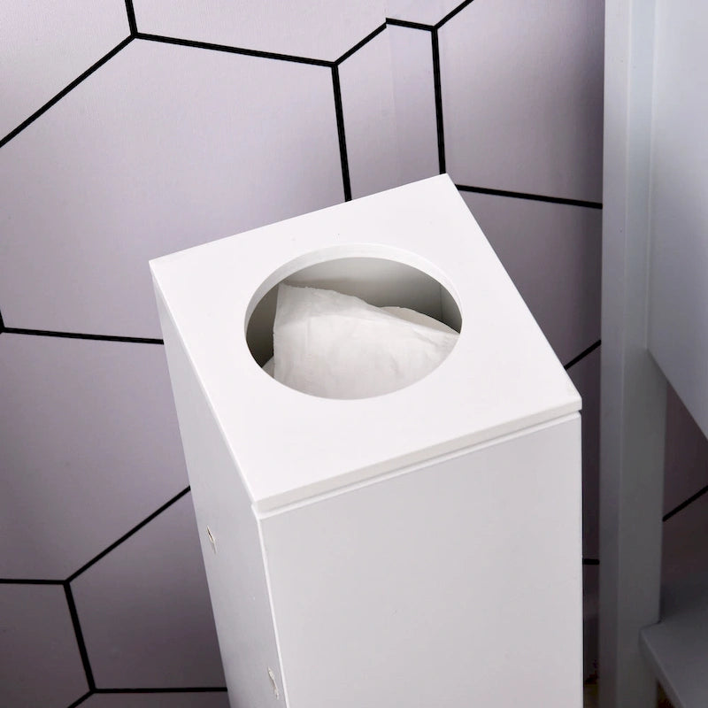 Meuble de rangement vertical de salle de bain blanc mat avec 3 étagères et ouverture supérieure pour mouchoirs