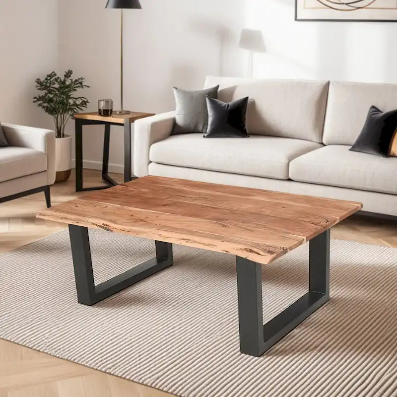 Table basse rustique, marron et noir, en bois d'acacia massif, piètement traîneau en métal