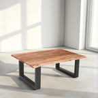 Table basse rustique, marron et noir, en bois d'acacia massif, piètement traîneau en métal
