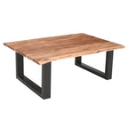 Table basse rustique, marron et noir, en bois d'acacia massif, piètement traîneau en métal