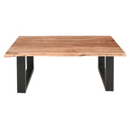 Table basse rustique, marron et noir, en bois d'acacia massif, piètement traîneau en métal