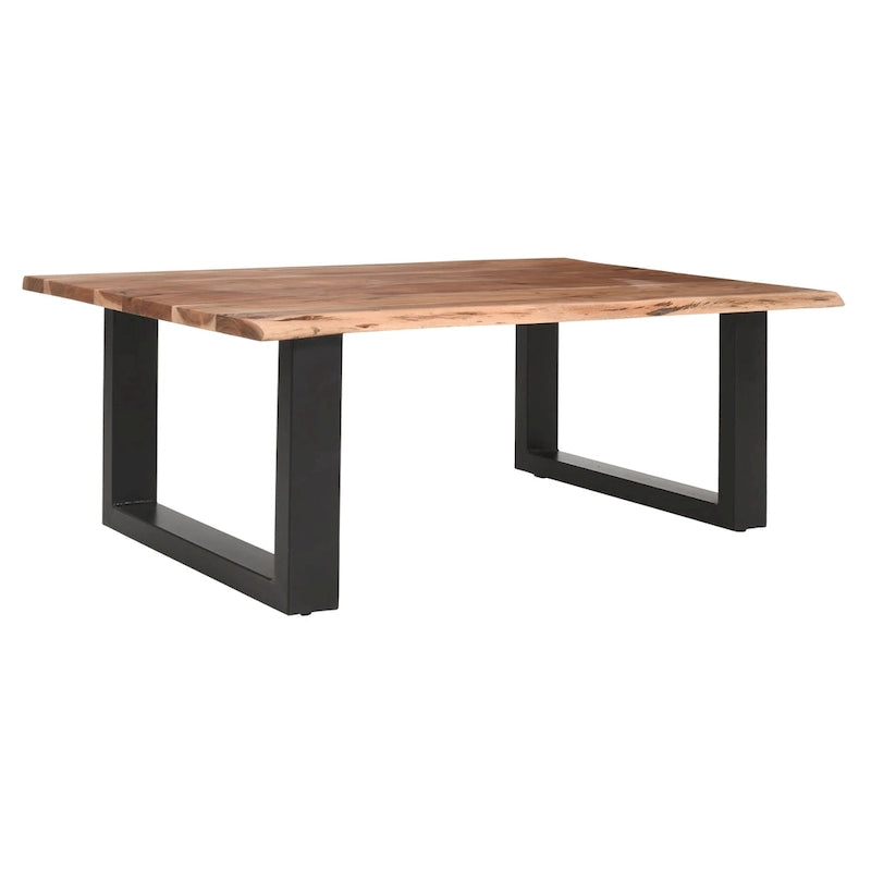 Table basse rustique, marron et noir, en bois d'acacia massif, piètement traîneau en métal