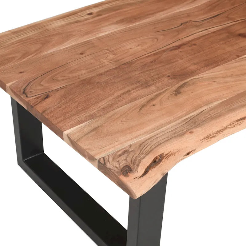 Table basse rustique, marron et noir, en bois d'acacia massif, piètement traîneau en métal