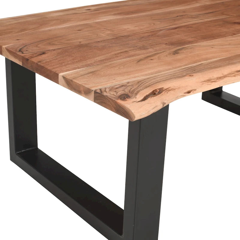 Table basse rustique, marron et noir, en bois d'acacia massif, piètement traîneau en métal