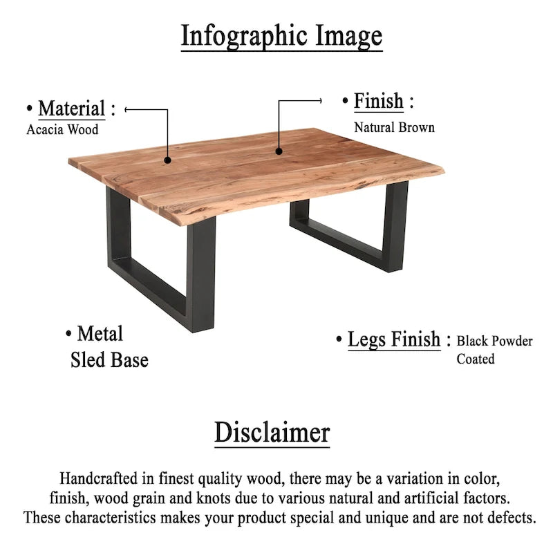Table basse rustique, marron et noir, en bois d'acacia massif, piètement traîneau en métal