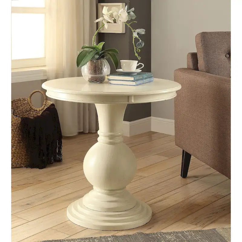 Table d'appoint piédestal ronde traditionnelle en bois avec plateau blanc antique et base sphérique